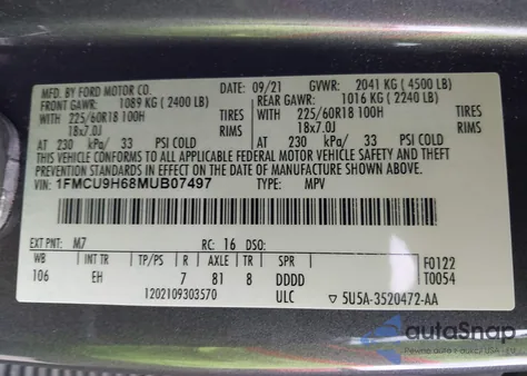 2021 Ford Escape Sel z USA, uszkodzony, nr VIN 1FMCU9H68MUB07497